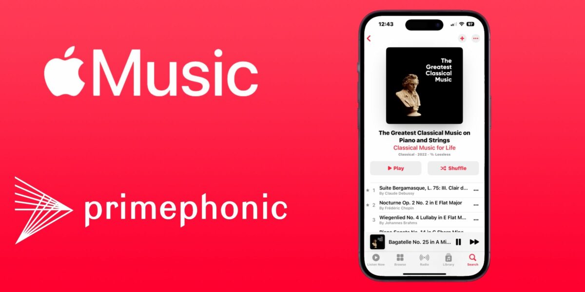 The Apple Music app playing classical music beside the Apple Music and Primephonic logos.